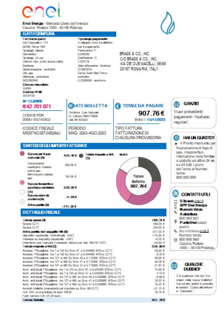Enel Energia utility business bill, SCR PSD template